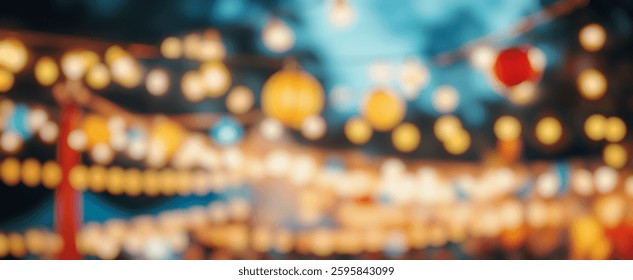Blur Background of Colorful Lanterns and String Lights Illuminate a Festive Outdoor Evening Celebration in a Vibrant Atmosphere. Defocused Image for Background.