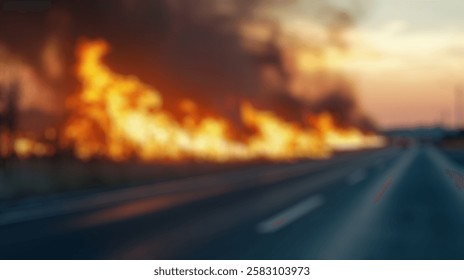 Blur Background of Dramatic Landscape of a Roadside Fire with Blazing Flames and Smoke Against a Sunset Sky. Defocused Image for Background.