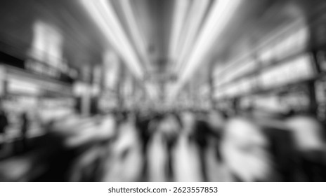 Blur Background of Dynamic Motion Blur of Crowded Train Station with Bright Lights and Signs in Black and White Photography. Defocused Image for Background.