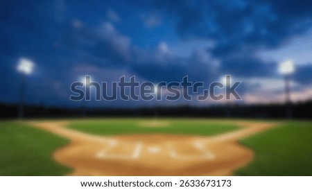 Blur Background Empty Baseball Field at Night with Stadium Lights and Cloudy Sky