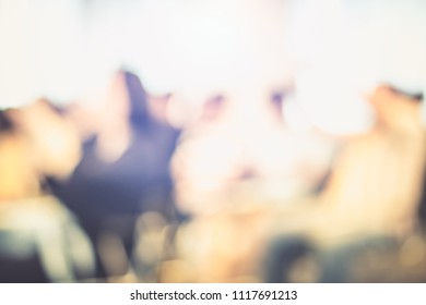 Blur Background Of Happy And Fun Professional Successful Business Conference Town Hall Meeting Use In Employee Workshop Learning, Training, Lecturing, Seminar To Create Creativity, Idea And Planning