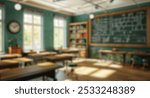 Blur background of interior design of empty classroom with blackboard. Empty classroom with desk, chair and blackboard at school. No people. Cartoon style. Education concept. Back to school. Spate.