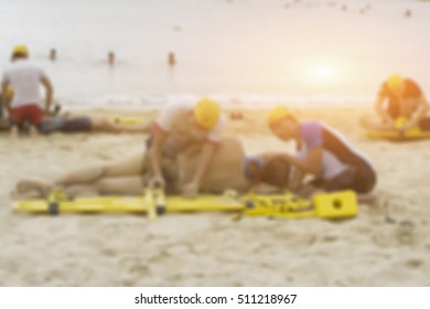 blur background of Lifeguards in training doing CPR procedure with victim.Gards giving cardiopulmonary resuscitation ,First Aid Instructor Showing Resuscitation Technique,vintage color