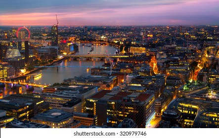 Blur Background. London At Sunset, Panoramic View City Lights