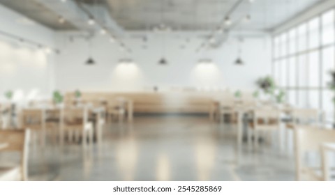 Blur background of modern cafeteria with industrial design, round tables, and large windows. Restaurant with bar and table. Industrial dining space concept. Design for wallpaper, banner.;  - Powered by Shutterstock