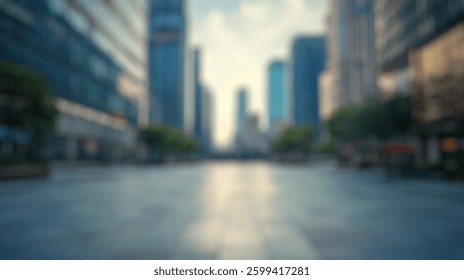 Blur Background of Modern cityscape with empty street, skyscrapers, trees, and vibrant skyline under blue sky with clouds. Defocused Image for Background.