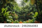 Blur background of narrow path winding through a dense tropical jungle. Lush greenery and vibrant foliage dominate this landscape. Adventure and exploration concept. Design for wallpaper. Spate.