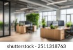 Blur background of office interior with large windows with city urban view, plants, and wooden desks at sunset. Modern workplace and urban greenery concept. Design for poster, wallpaper. Spate.