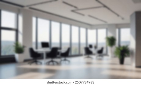 Blur background of office interior with large windows with city urban view, plants, and wooden desks at sunset. Modern workplace and urban greenery concept. Design for poster, wallpaper. Spate.