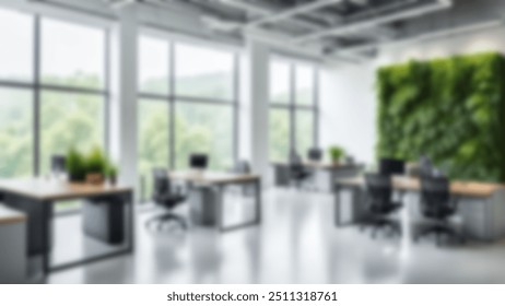 Blur background of office interior with large windows with city urban view, plants, and wooden desks at sunset. Modern workplace and urban greenery concept. Design for poster, wallpaper. Spate. - Powered by Shutterstock