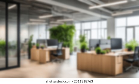 Blur background of office interior with large windows with city urban view, plants, and wooden desks at sunset. Modern workplace and urban greenery concept. Design for poster, wallpaper. Spate. - Powered by Shutterstock