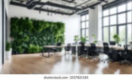 Blur background of office interior with large windows with city urban view, plants, and wooden desks at sunset. Modern workplace and urban greenery concept. Design for poster, wallpaper, Spate. - Powered by Shutterstock