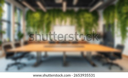 Blur background of office interior with large windows with city urban view, plants, and wooden desks at sunset. Modern workplace and urban greenery concept. Design for poster, wallpaper. Spate.
