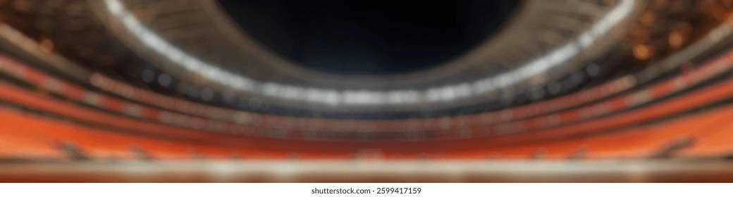 Blur Background of Panoramic View of Empty Modern Stadium Interior with Orange Seats and Bright Field Lighting. Defocused Image for Background.
