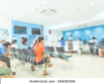 Blur Background Of People Sit Down Wait Bank Teller Cashier Counter In Office Building Lobby For Background