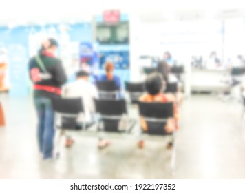 Blur Background Of People Sit Down Wait Bank Teller Cashier Counter In Office Building Lobby For Background