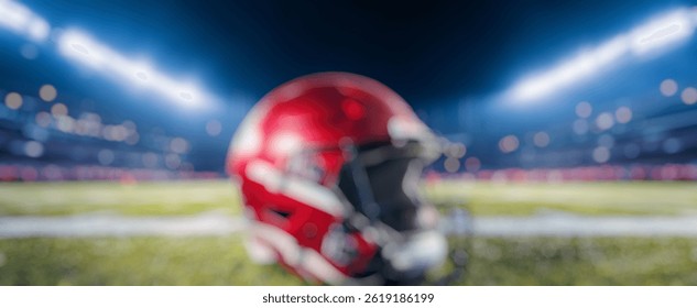 Blur Background of Red American Football Helmet on Field with Stadium Lights Shining Brightly in the Background During Night Game. Defocused Image for Background.