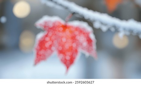 Blur Background of Red Maple Leaf Frosted with Snow Against a Blurred Winter Background Creating a Vibrant Seasonal Contrast. Defocused Image for Background.