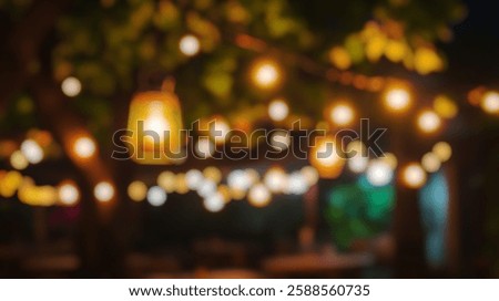Blur Background of Romantic outdoor string lights and lanterns illuminating peaceful garden at night under the starry sky. Defocused Image for Background.