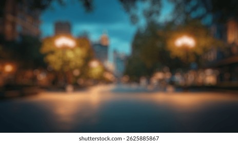 Blur Background of Serene City Evening with Illuminated Street Lamps and Urban Skyline in Twilight Glow. Defocused Image for Background.