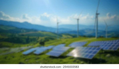 Blur background of solar panel and wind turbines on a green field with yellow flowers. Renewable energy and sustainable technology concept. Design for poster, wallpaper, banner. Clean energy.;  - Powered by Shutterstock