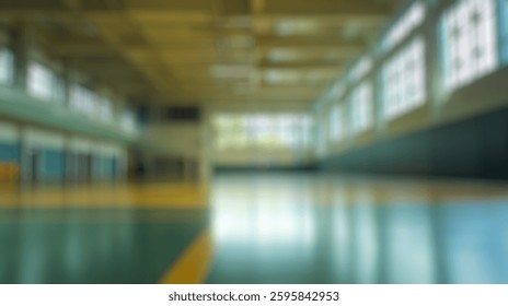 Blur Background of Spacious and Bright Indoor Gymnasium with Natural Light and Colorful Floor Design for Sports Activities. Defocused Image for Background.