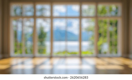 Blur Background of Spacious Bright Interior With Large Windows Overlooking Scenic Landscape and Calm Lake View in Nature. Defocused Image for Background.