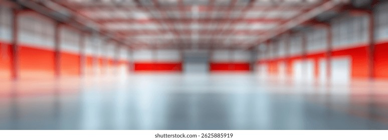 Blur Background of Spacious empty warehouse interior with industrial design featuring bright red walls and polished concrete floor. Defocused Image for Background.