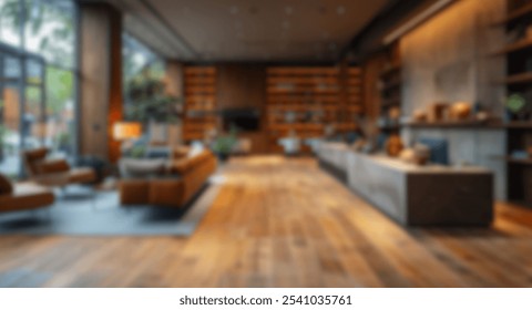 Blur background of spacious modern office with exposed brick walls and large windows filled with plants. Industrial and eco-friendly workplace design. Design for poster, wallpaper, banner.;  - Powered by Shutterstock