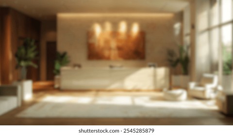 Blur background of spacious modern office with exposed brick walls and large windows filled with plants. Industrial and eco-friendly workplace design. Design for poster, wallpaper, banner.;  - Powered by Shutterstock