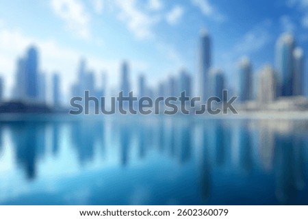Blur Background of Stunning Skyline Reflection of Modern Skyscrapers Against a Serene Water Body Under a Bright Blue Sky. Defocused Image for Background.