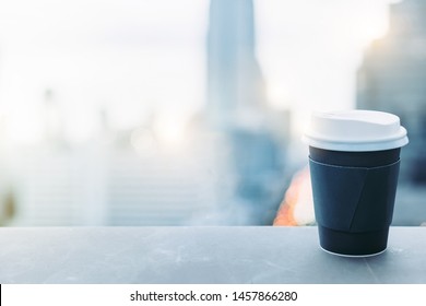 Blur Background Traffic City And Cityscape Panorama View From Rooftop Outdoor Cafe With Black Coffee Recycle Paper Cup Help Refresh Break From Urban Morning Lunch Office Worker Life Business Meeting