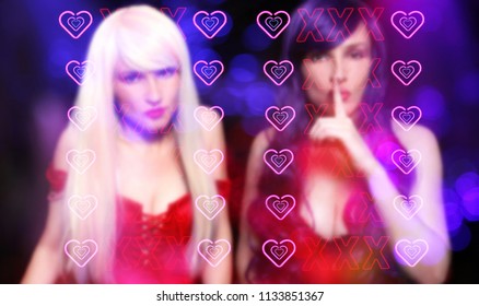 Blur Background Two Sexy Women With XXX Neon Sign Sex Worker Concept