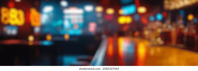 Blur Background of Vibrant Nightlife Scene in a Bar with Colorful Neon Lights and Glimmering Bottles on the Counter. Defocused Image for Background.
