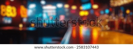 Blur Background of Vibrant Nightlife Scene in a Bar with Colorful Neon Lights and Glimmering Bottles on the Counter. Defocused Image for Background.