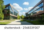 Blur background of a view of a modern university campus in germany, showcasing contemporary architecture. the bright, sunny ambiance encourages learning and collaboration in an inspiring environment.