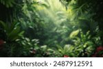 Blur background of white sunlight filtering through the mist and foliage of a dense green tropical jungle. Magical and ethereal nature scene. Realistic 3D render for experience. Poster design. Spate.