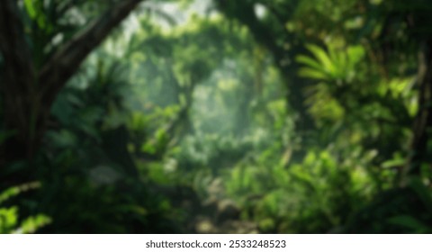 Blur background of white sunlight filtering through the mist and foliage of a dense green tropical jungle. Magical and ethereal nature scene. Realistic 3D render for experience. Poster design. Spate. - Powered by Shutterstock