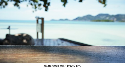 Blur Background  Wood Table Bar And Blurred Background Of Summer Beach