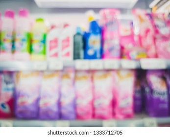 Blur Bags And Bottles Of Detergent, Comforter And Other Cleaning Products For Sale In A Convenience Store