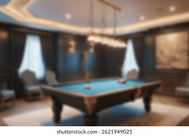 Interior de la sala de billar borrosa, tema moderno oscuro, interior de la sala de billar sin personas, Fondo de pantalla borroso