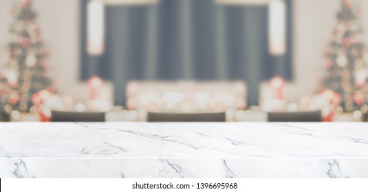 Blur Christmas Tree Decoration At Kitchen Table With Marble Table Top Living Room  Background With Bokeh Light,Holiday Backdrop,Mock Up Banner For Display Of Product