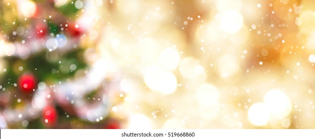 Blur Colorful Christmas Tree And Gold Bokeh In Snow Fall, Festive Theme Panoramic Banner Background