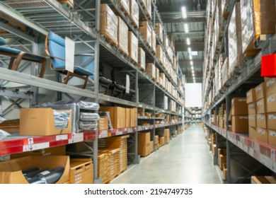 Blur Corridor Or Aisle Of Supermarket, Grocery Store Or Warehouse For Background And Design Element Use. Defocused Background With Bokeh