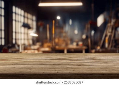 Blur craft workshop interior and empty wooden table top with space for products. - Powered by Shutterstock