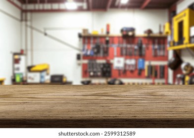Blur craft workshop interior and empty wooden table top with space for products.