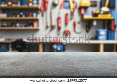 Blur craft workshop interior and empty wooden table top with space for products.