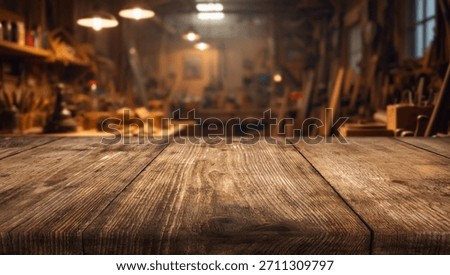 Blur craft workshop interior and empty wooden table top with space for products.