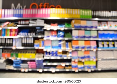 Blur Of Defocus Image Of Office Supply Shelf In Store