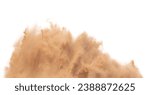 Blur Defocus image of Small Fine Sand flying explosion, Golden grain wave explode blow. Abstract sands cloud. Yellow colored sand splash up in Air. White background Isolated high speed shutter freeze